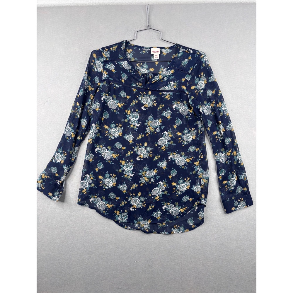Mossimo Supply Co Navy Blue Floral Lace Trim Long Sleeve Blouse Womens Medium